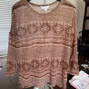 Brown Patterned Sheer Sweater shirt with 3/4 sleeves